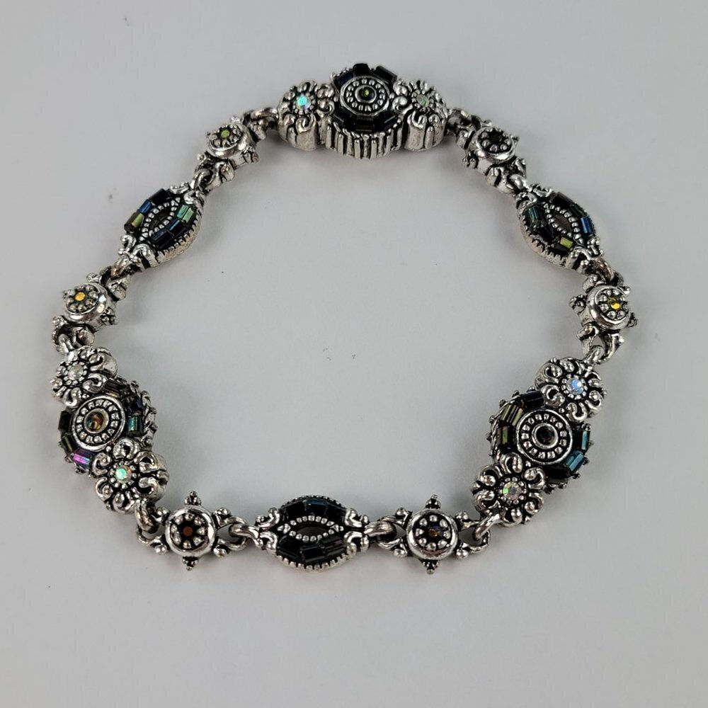 Womens Multicolor Beads Silver-Tone Filigree Chain Link Bracelet Magnetic Clasp